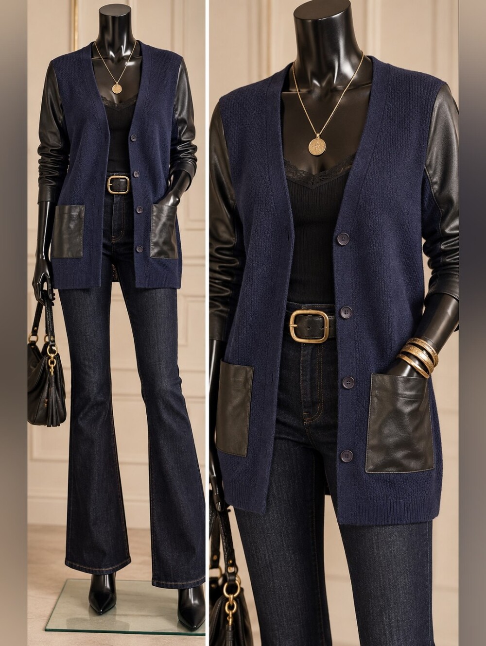 Judith & Charles Merino Wool/Leather Cardigan Navy